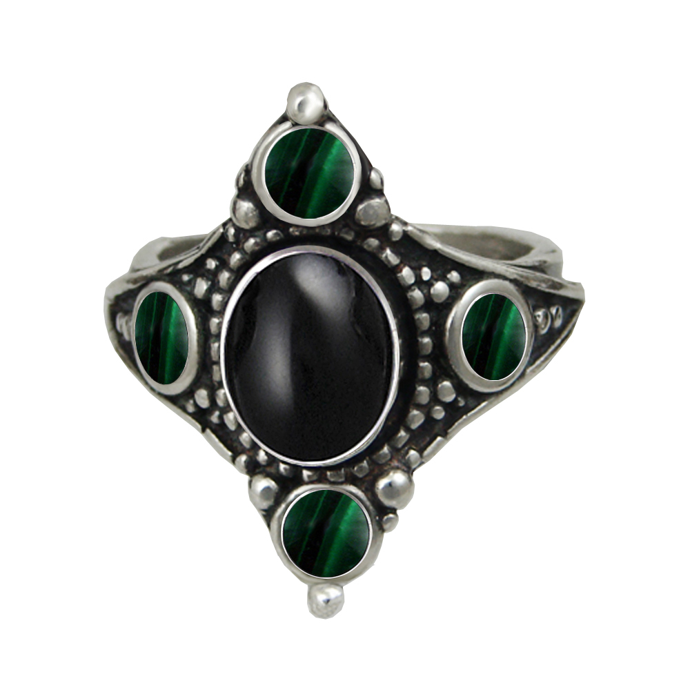 Sterling Silver Renaissance Queen's Ring With Black Onyx And Malachite Size 10